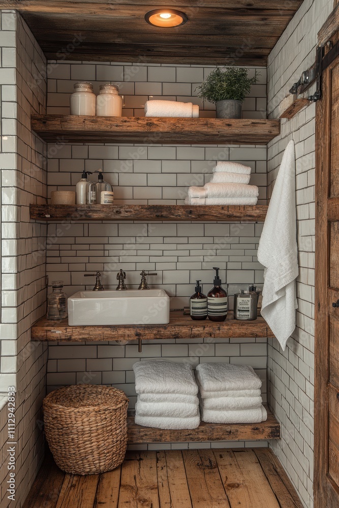 A beautifully organized rustic bathroom features wooden shelves against subway tiles, elegantly stocked with towels, candles, and natural accents for a serene and calming ambiance. A beautifully organized rustic bathroom features wooden shelves against subway tiles, elegantly stocked with towels, candles, and natural accents for a serene and calming ambiance.