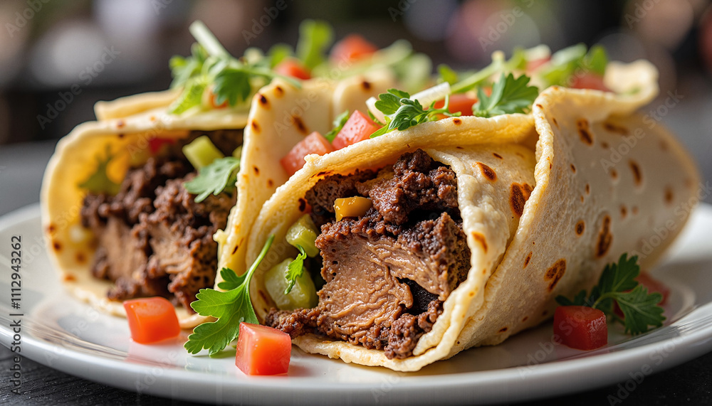 Delicious beef tacos with fresh vegetables on white plate Delicious beef tacos with fresh vegetables on white plate