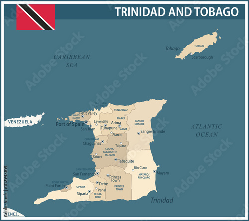 Trinidad and Tobago Map Vector Vintage Dark Blue Beige - Customizable layered political map of Trinidad and Tobago with administrative divisions for website, education, reports, news, politics, print