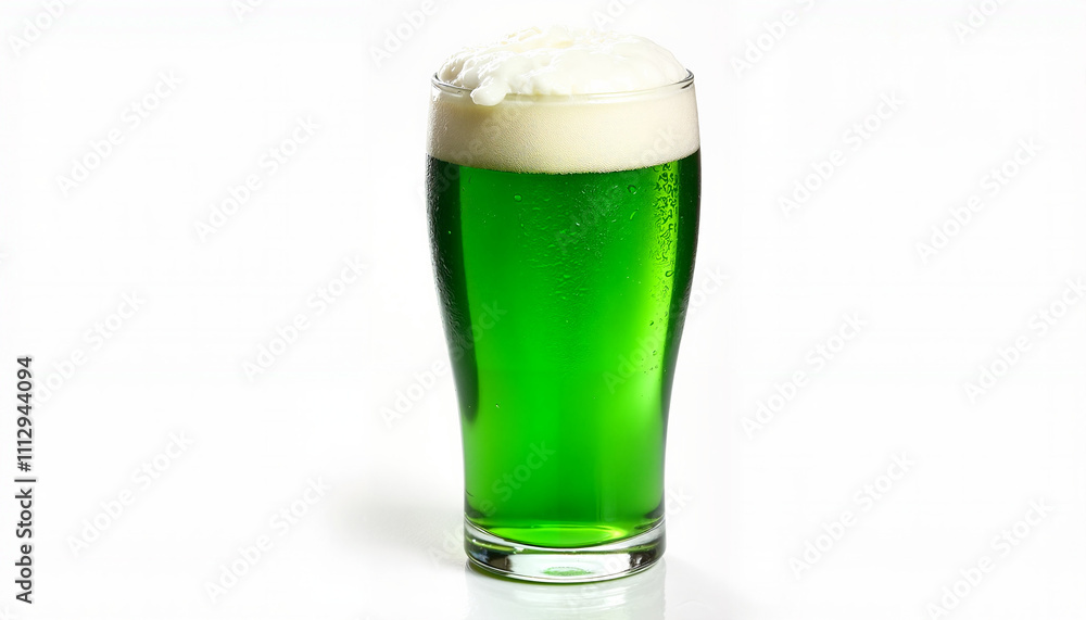 Green beer with foam in glass on white background Green beer with foam in glass on white background