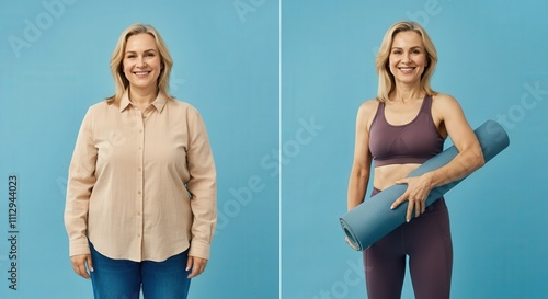 Transformational fitness journey of mature caucasian woman from casual to active wear