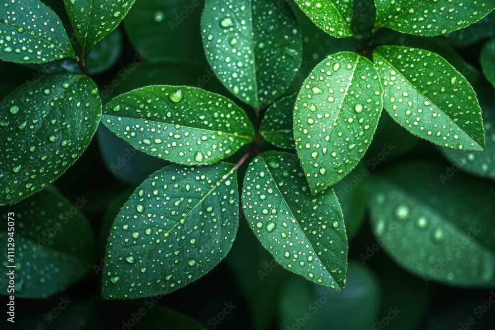 Fototapeta premium Many green leaves with water droplets on them