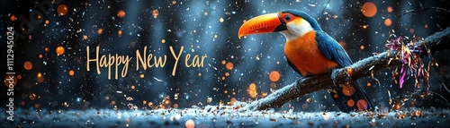 Vibrant Toucan Celebrating New Year with Festive Background and Colorful Decorations for Celebration Themes photo