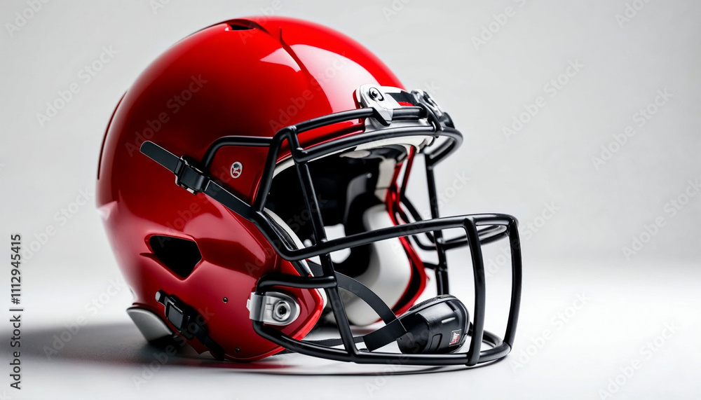 Fototapeta premium A red American football helmet with a black facemask, highlighted against a white background.