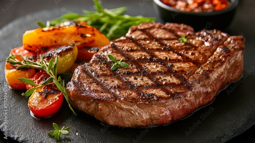 A grilled steak served with colorful roasted vegetables on a slate platter. A grilled steak served with colorful roasted vegetables on a slate platter.