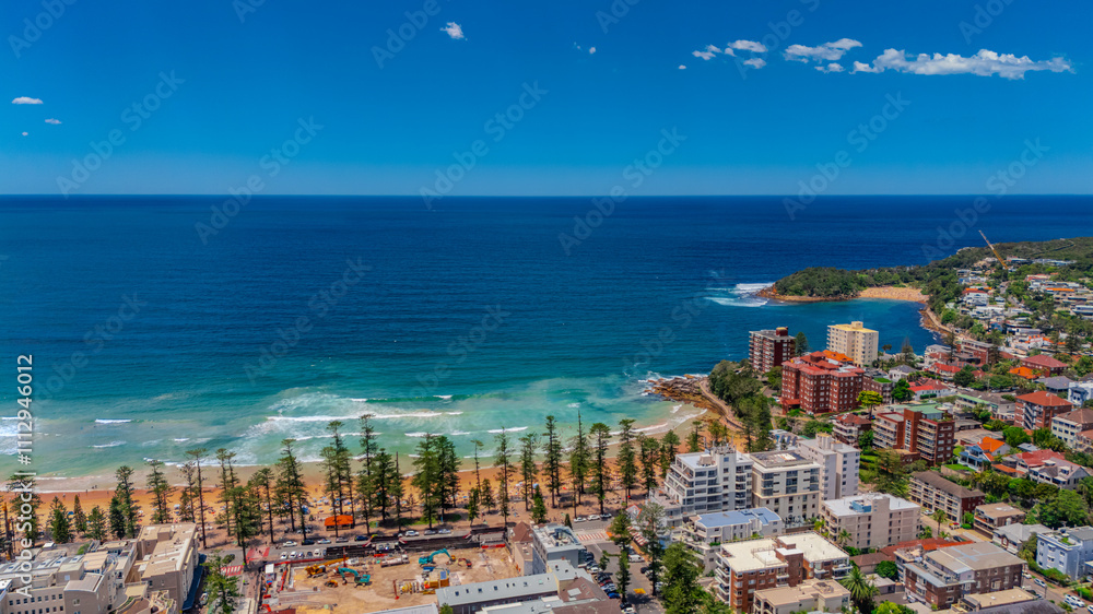 Obraz premium beautiful Aerial View of Manly Beach and Sydney harbour with manly houses on a warm summer day blue skies Sydney NSW Australia