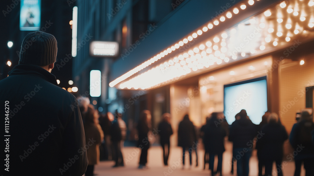 People Waiting Outside Movie Theater Under Marquee Lights People Waiting Outside Movie Theater Under Marquee Lights