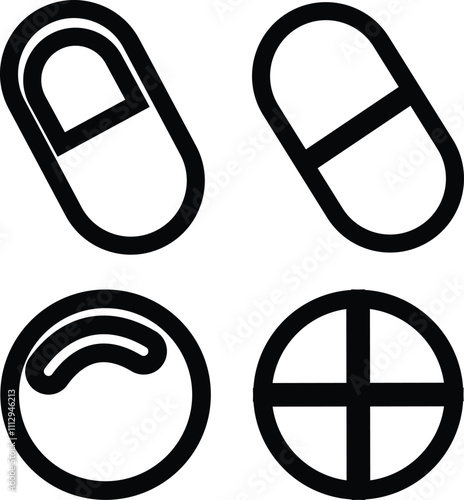 Pills Medical And Healthcare Icon in line set. Pill capsules, tablets Medical design vector for apps or website. symbol, sign isolated on transparent background