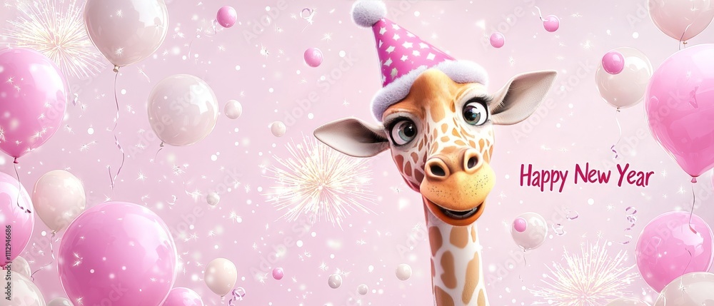 Naklejka premium Cheerful cartoon giraffe celebrating New Year with festive hat among colorful balloons and fireworks in background