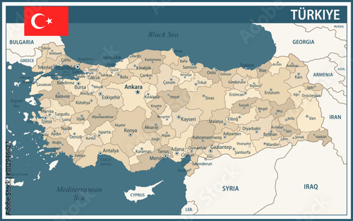 Turkey Map Vector Vintage Dark Blue Beige - Customizable layered political map of Turkey with administrative divisions for website, education, reports, news, politics, print, poster and wallpaper