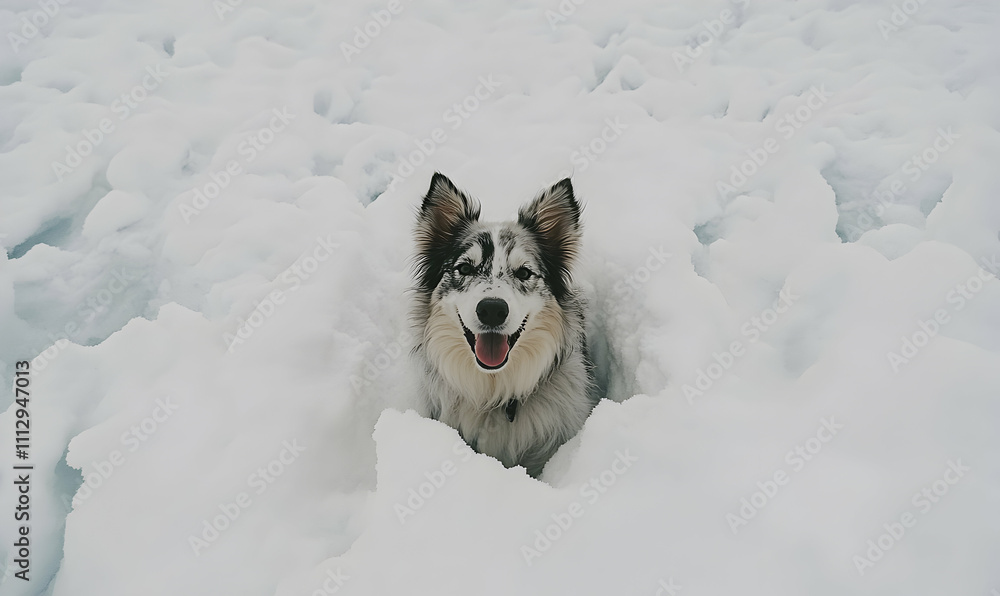 Happy Border Collie dog peeking out from a snowdrift, winter wonderland scene. Happy Border Collie dog peeking out from a snowdrift, winter wonderland scene.