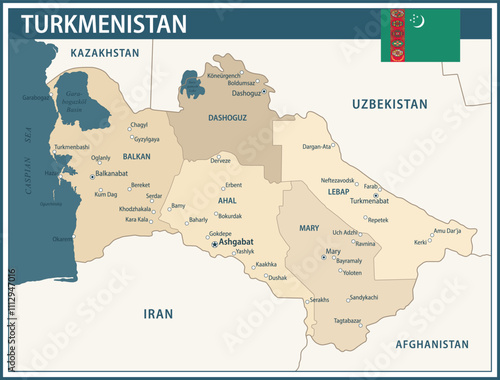 Turkmenistan Map Vector Vintage Dark Blue Beige - Customizable layered political map of Turkmenistan with administrative divisions for website, education, reports, news, politics, print, poster