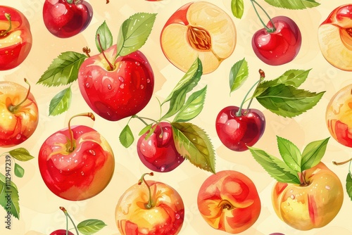 A vibrant pattern featuring various apples and cherries with leaves.