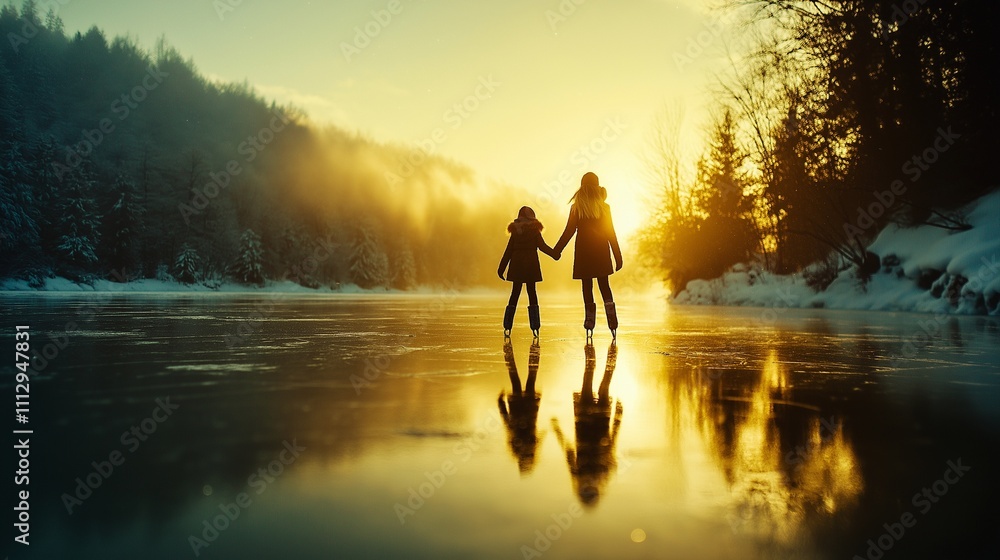 mother and daughter ice skating hand in hand on a frozen lake, surrounded by a snowy forest mother and daughter ice skating hand in hand on a frozen lake, surrounded by a snowy forest