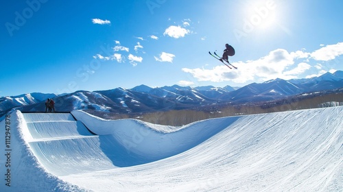 skier mid-jump off a snow ramp, soaring through the air with mountains photo