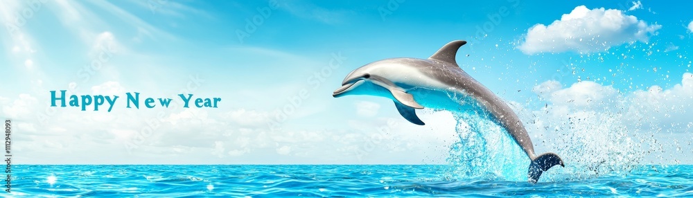 Fototapeta premium Vibrant Dolphin Jumping Above Crystal Clear Ocean Water Against Bright Blue Sky Celebrating New Year