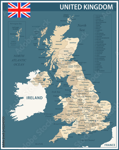 United Kingdom Map Vector Vintage Dark Blue Beige - Customizable layered political map of United Kingdom with administrative divisions for website, education, reports, news, politics, print, poster