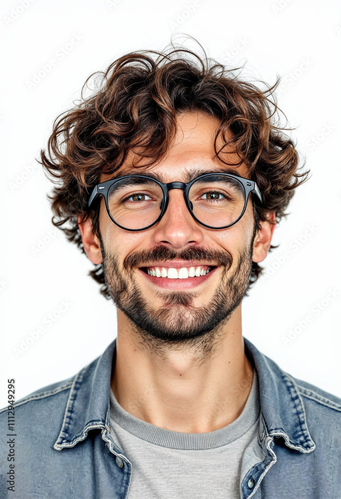 Young handsome man with curly brown hair, glasses, and a warm smile on white background. Young handsome man with curly brown hair, glasses, and a warm smile on white background.