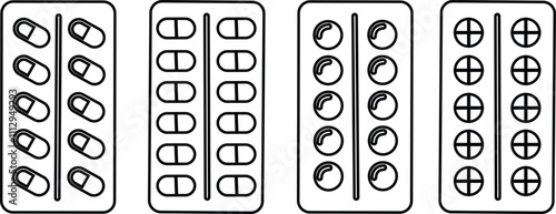 Pills Medical And Healthcare Icon in line set. Pill capsules, tablets Medical design vector for apps or website. symbol, sign isolated on transparent background