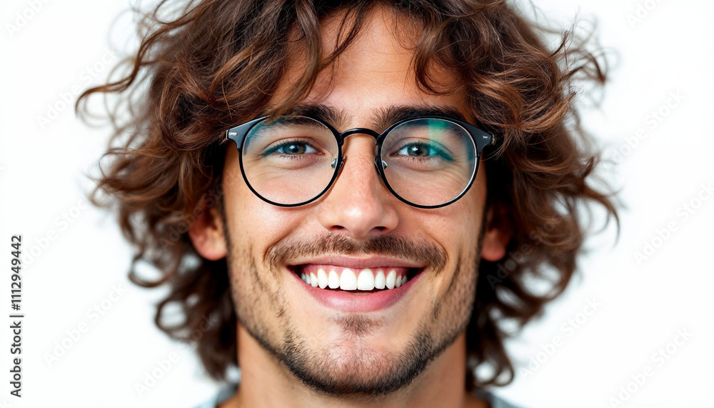 Young handsome man with curly brown hair, glasses, and a warm smile on white background. Young handsome man with curly brown hair, glasses, and a warm smile on white background.