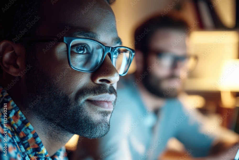Fototapeta premium Two individuals sitting at a desk with a laptop, likely working or researching