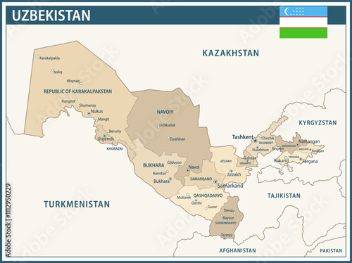 Uzbekistan Map Vector Vintage Dark Blue Beige - Customizable layered political map of Uzbekistan with administrative divisions for website, education, reports, news, politics, print, poster