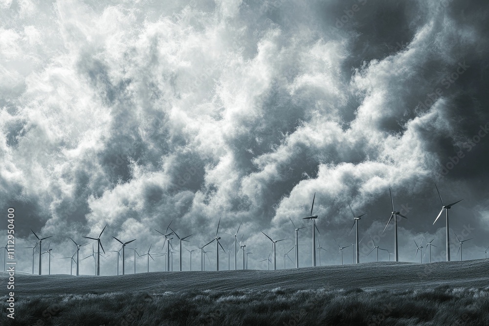 Wind turbines stand on a hill under stormy clouds. Wind turbines stand on a hill under stormy clouds.
