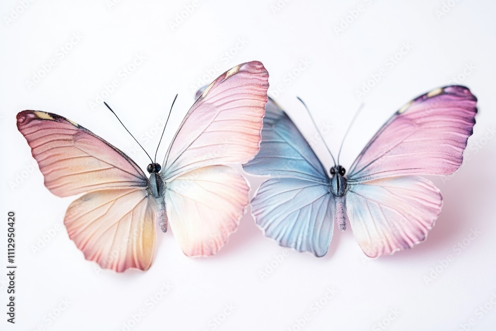 A pair of butterflies sit on a white surface, showcasing their delicate wings and colors A pair of butterflies sit on a white surface, showcasing their delicate wings and colors