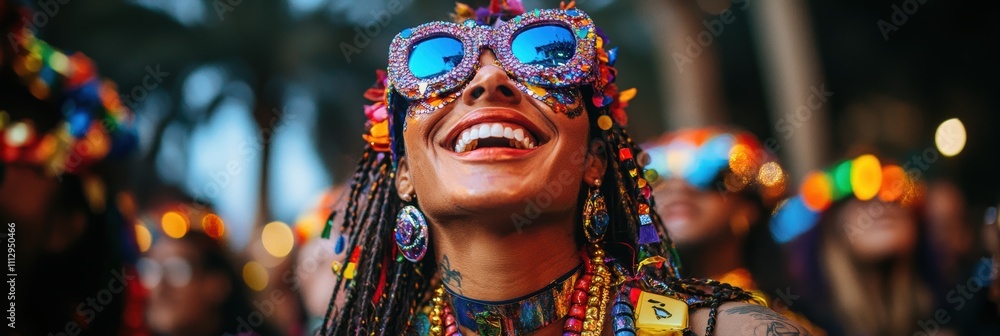 A joyful celebration of vibrant cultural traditions as a person adorned in colorful attire and festive accessories beams with happiness during a lively street festival. A joyful celebration of vibrant cultural traditions as a person adorned in colorful attire and festive accessories beams with happiness during a lively street festival.