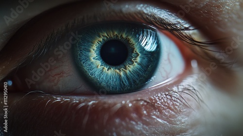 A detailed shot of a person's blue eye with a focus on the iris and pupil