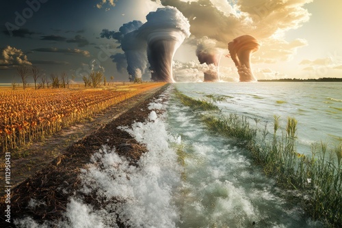 Visual mix of tornadoes, heat-damaged crops, and receding shorelines, showcasing the consequences of global warming. photo