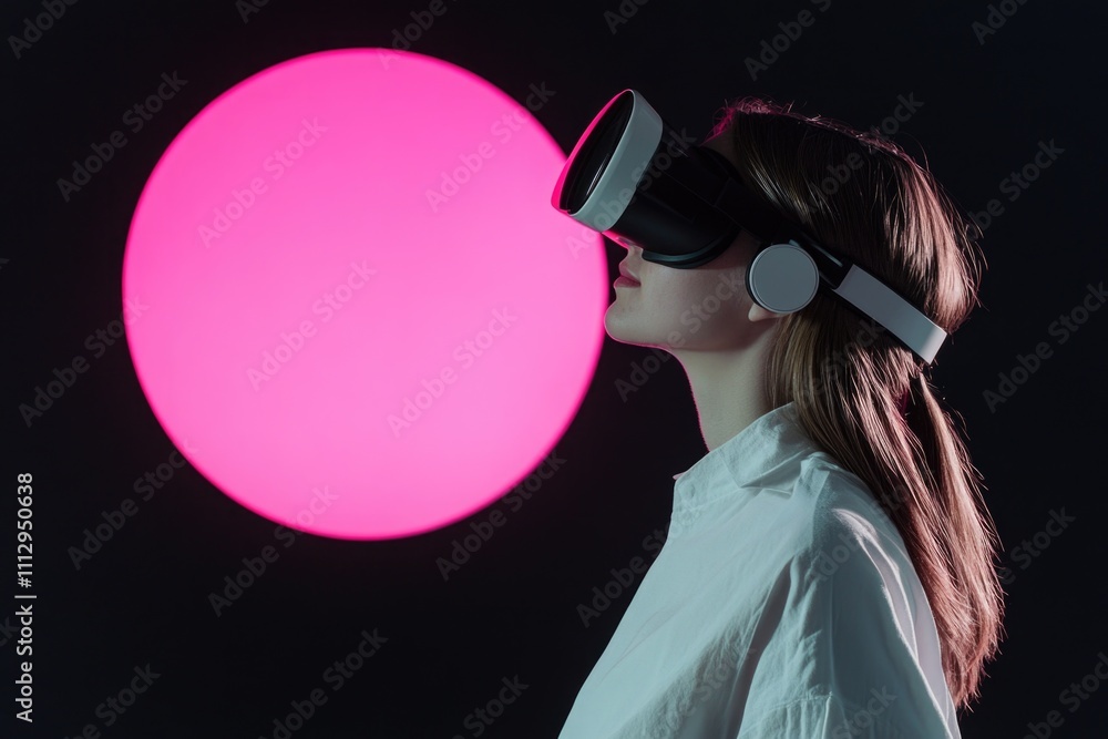 A person wearing a virtual reality headset stands next to a bright pink ball, conveying a sense of futuristic exploration A person wearing a virtual reality headset stands next to a bright pink ball, conveying a sense of futuristic exploration