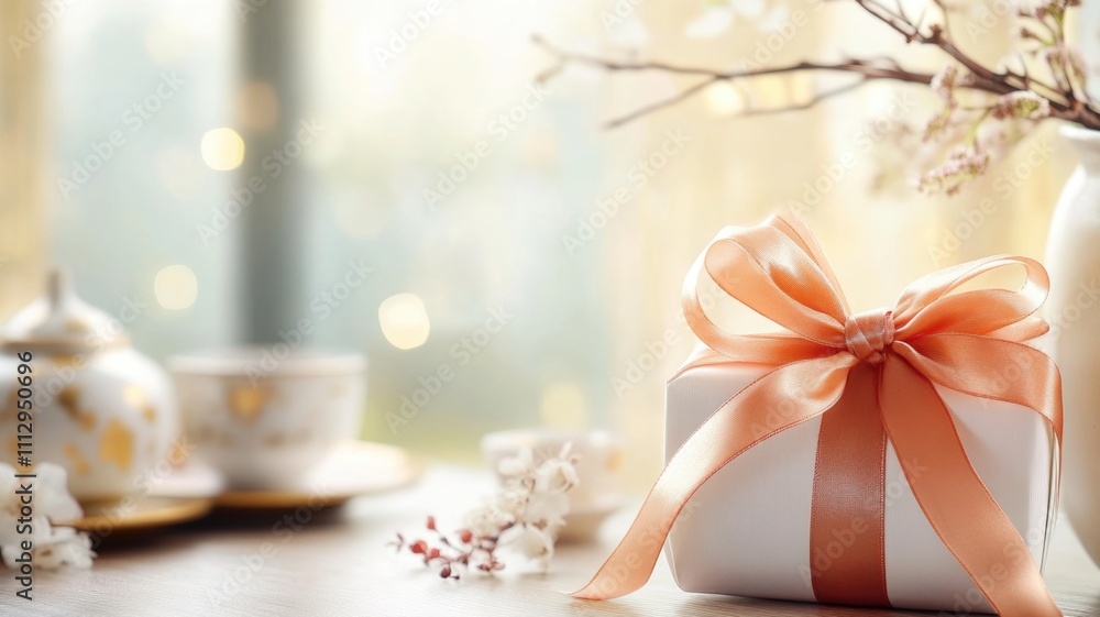Elegant gift box with peach satin ribbon on a wooden table in a cozy tea setting Elegant gift box with peach satin ribbon on a wooden table in a cozy tea setting