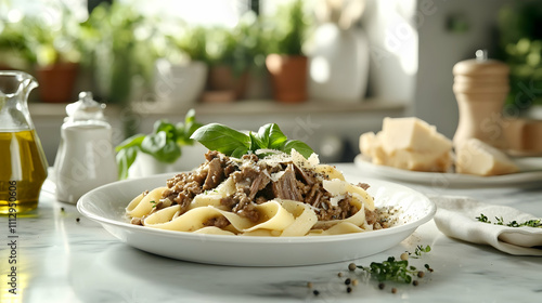 Wild Boar Ragu with Pappardelle and Pecorino Romano, Italian Main Course Photography photo