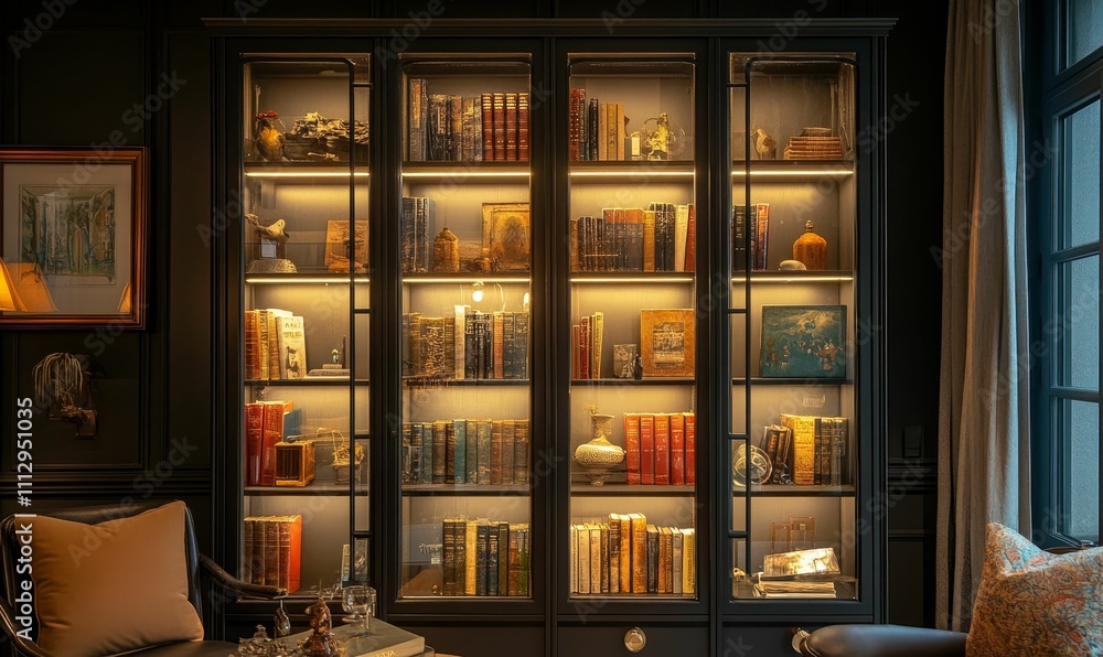 Illuminated bookcase filled with books, artifacts, and décor. Illuminated bookcase filled with books, artifacts, and décor.