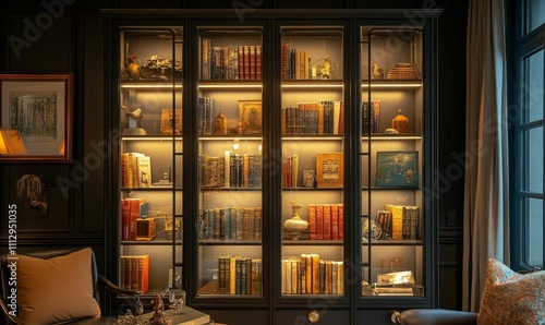 Wallpaper Mural Illuminated bookcase filled with books, artifacts, and dÃ©cor. Torontodigital.ca