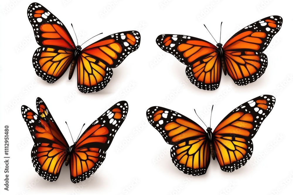 Fototapeta premium Close-up shot of four orange butterflies on a white background, ideal for use in illustrations, designs or presentations about nature, wildlife or environmental themes