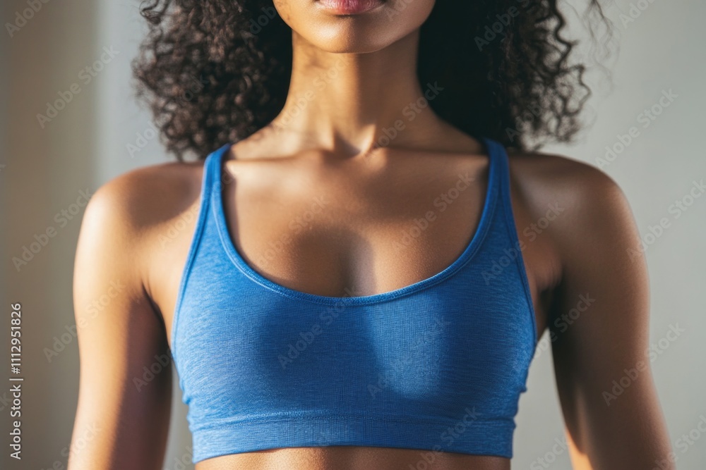 A close-up shot of a woman wearing a blue top, with a blurred background