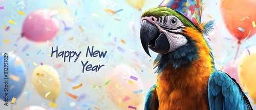 Colorful Parrot Celebrating New Year with Party Hat and Balloons in Festive Atmosphere Full of Joy photo