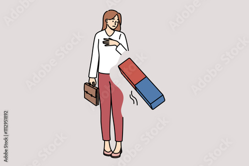 Suffering from cancel culture businesswoman is erased with eraser for violating social norms. Problem of cancel culture in society or discrimination against girls fired on basis of gender