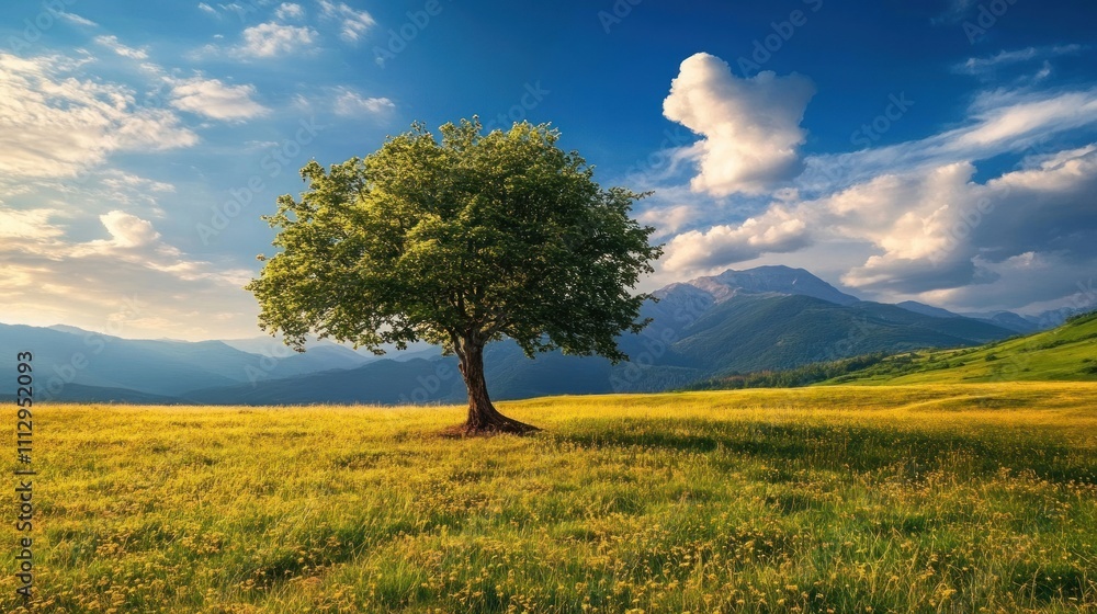 Fototapeta premium Solitary Tree in a Mountain Meadow