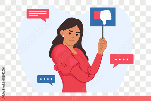 Woman hater shows dislike on sign and expresses critical opinion and negative feedback about product. Problem of consumer terrorism is demonstrated by hater girl leaving bad review