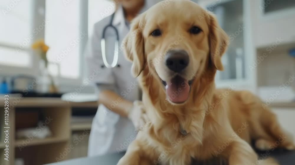 Happy golden retriever gets a checkup from a smiling vet at the clinic Happy golden retriever gets a checkup from a smiling vet at the clinic