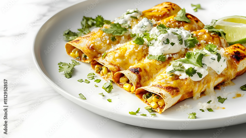 Green Chile Chicken Enchiladas with Mexican Street Corn and Queso Fresco, Mexican Main Course Photography Green Chile Chicken Enchiladas with Mexican Street Corn and Queso Fresco, Mexican Main Course Photography
