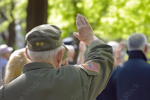 Senior veteran in military uniform saluting during a patriotic ceremony, honoring service, sacrifice, and national pride outdoors. photo