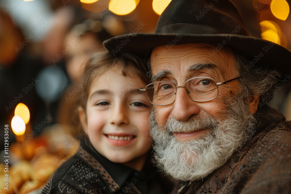 A smiling grandfather with glasses and his young granddaughter, enjoying a festive event with candles in the background. A smiling grandfather with glasses and his young granddaughter, enjoying a festive event with candles in the background.