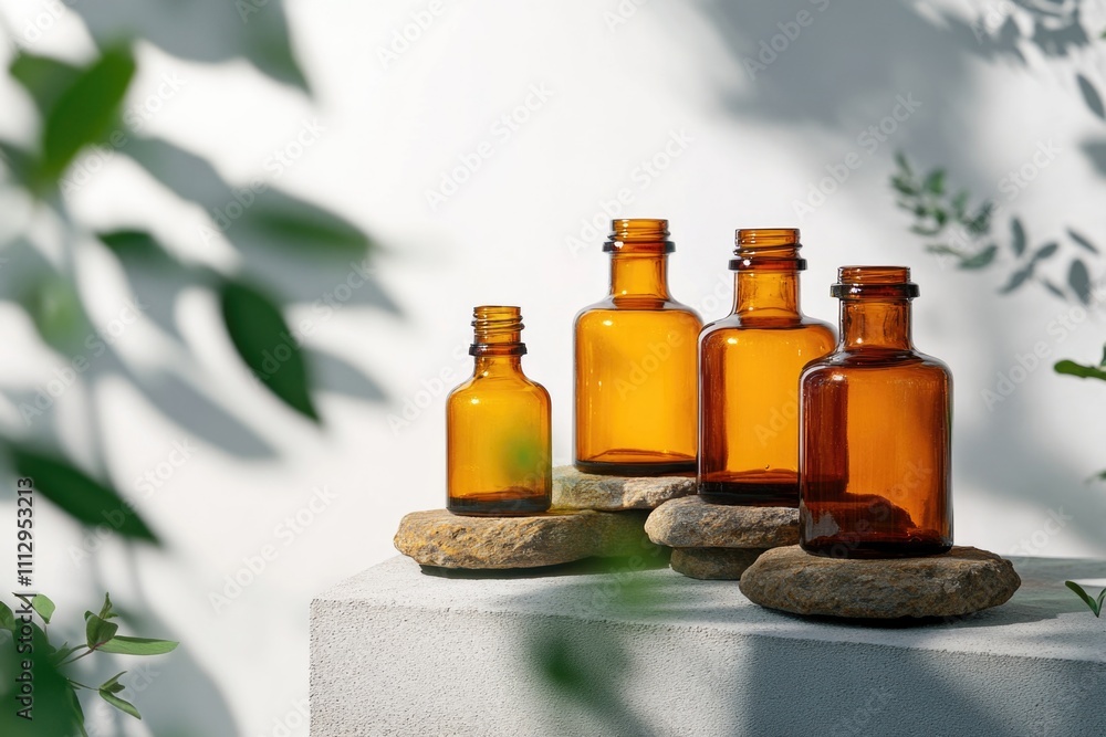 Group of brown glass bottles arranged on a table surface Group of brown glass bottles arranged on a table surface