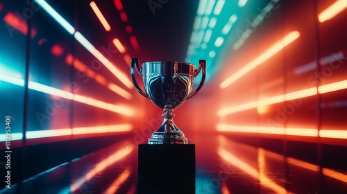 shining trophy sitting on a pedestal in a glowing room, symbolizing the ultimate reward for career achievements and hard work photo