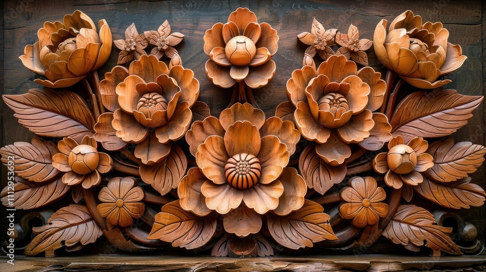 Intricate wooden carving of flowers and leaves in relief. Intricate wooden carving of flowers and leaves in relief.