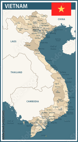 Vietnam Map Vector Vintage Dark Blue Beige - Customizable layered political map of Vietnam with administrative divisions for website, education, reports, news, politics, print, poster and wallpaper